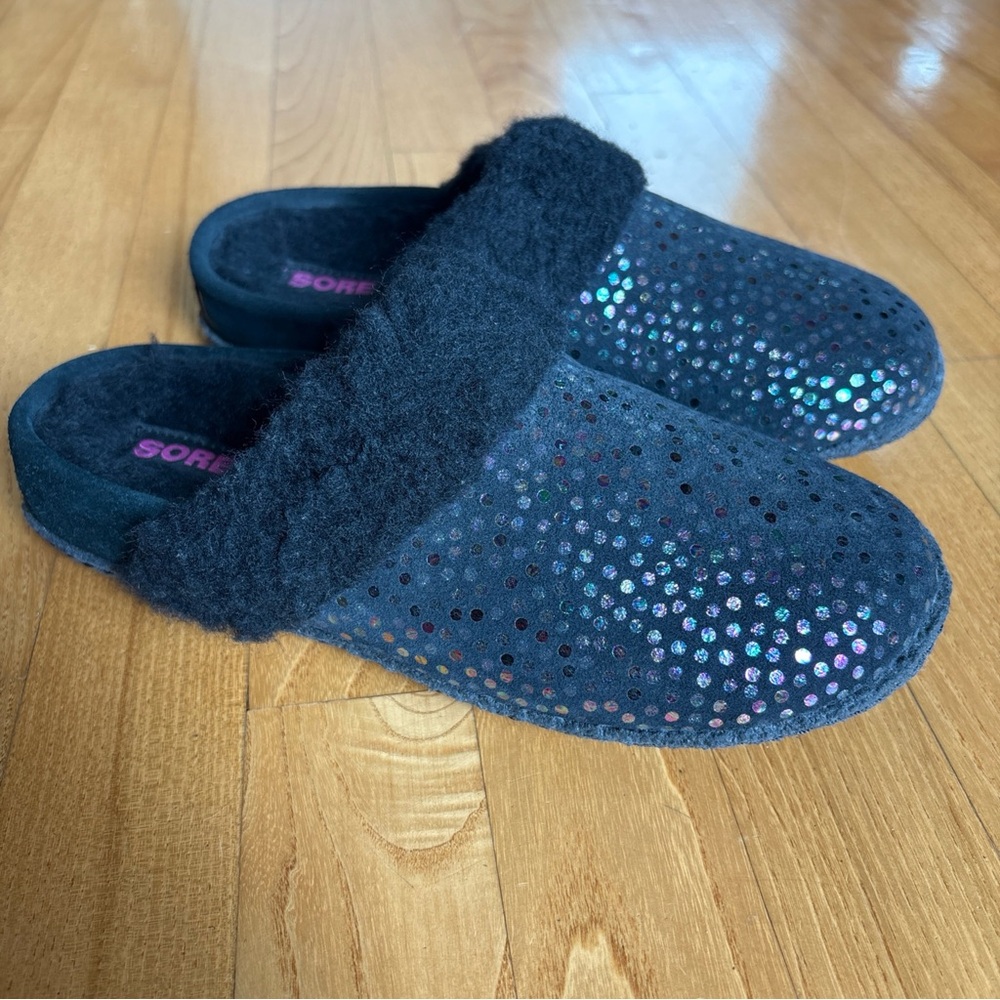 Sorel Nakiska II Slippers Slides Black Iridescent Faux Fur Youth Girls Size 5